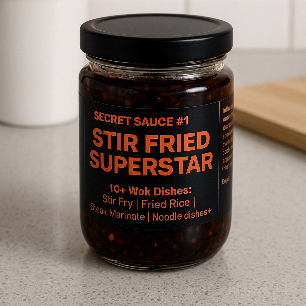 Bottle of Stir Fry Superstar Secret Sauce #1 – authentic Asian stir-fry sauce for quick and delicious meals